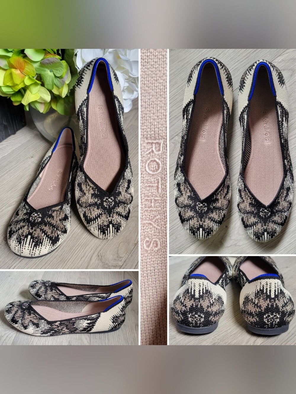Rothy's The Flat Moonstone Floral Black, Cream, Tan Round Toe Flats, US 8 EU 38